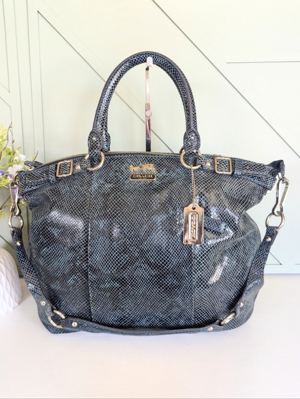 Coach Women's Snake-Embossed Tote Bag in Dark Teal